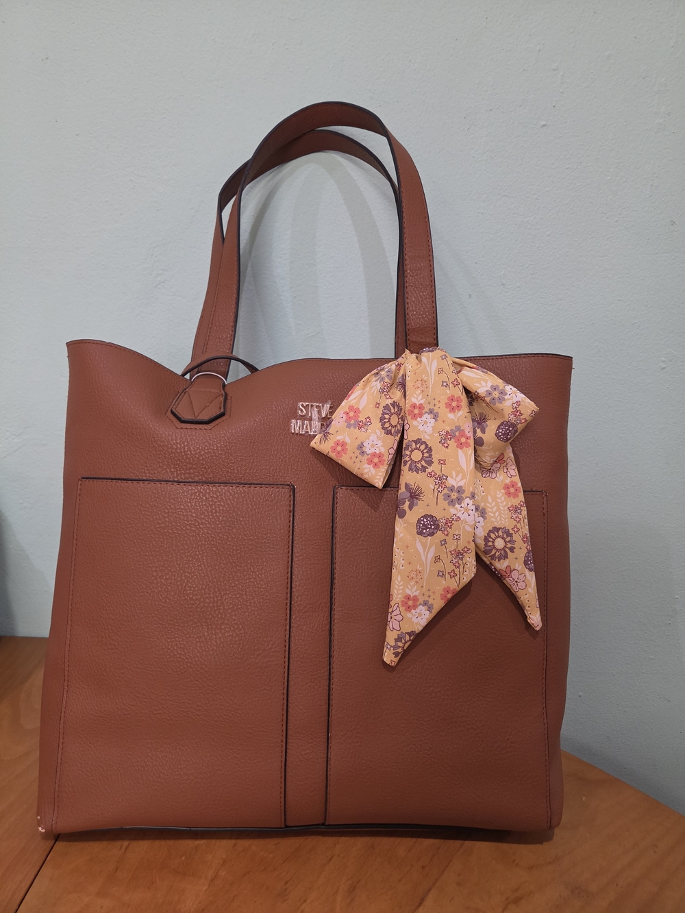 Steve Madden Tan-Brown Tote with Wristlit, Make Up Bag & Floral Accent Scarf